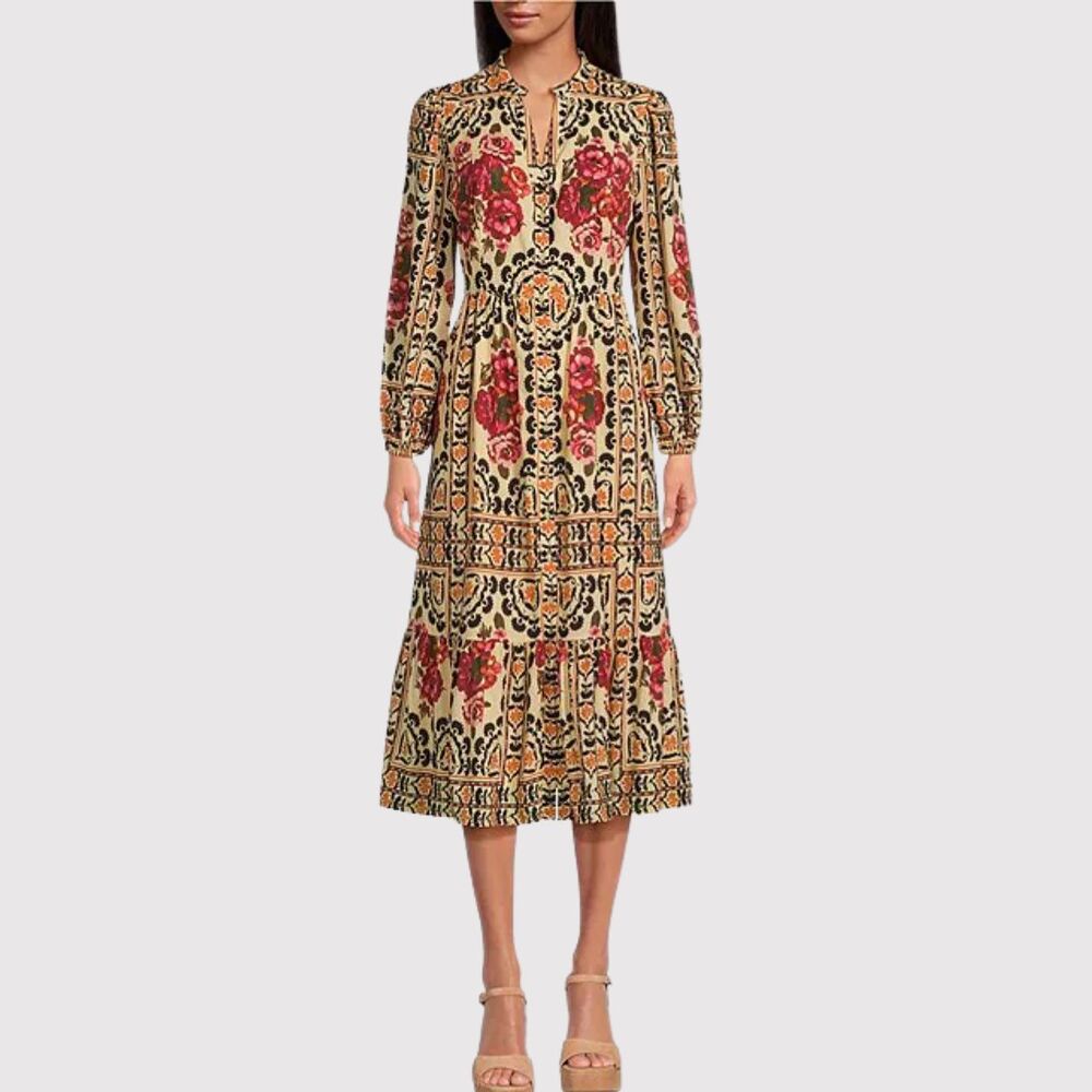 A Loves A Womens Dress Brown Vintage Floral Split V Neck Midi A Line Boho XS